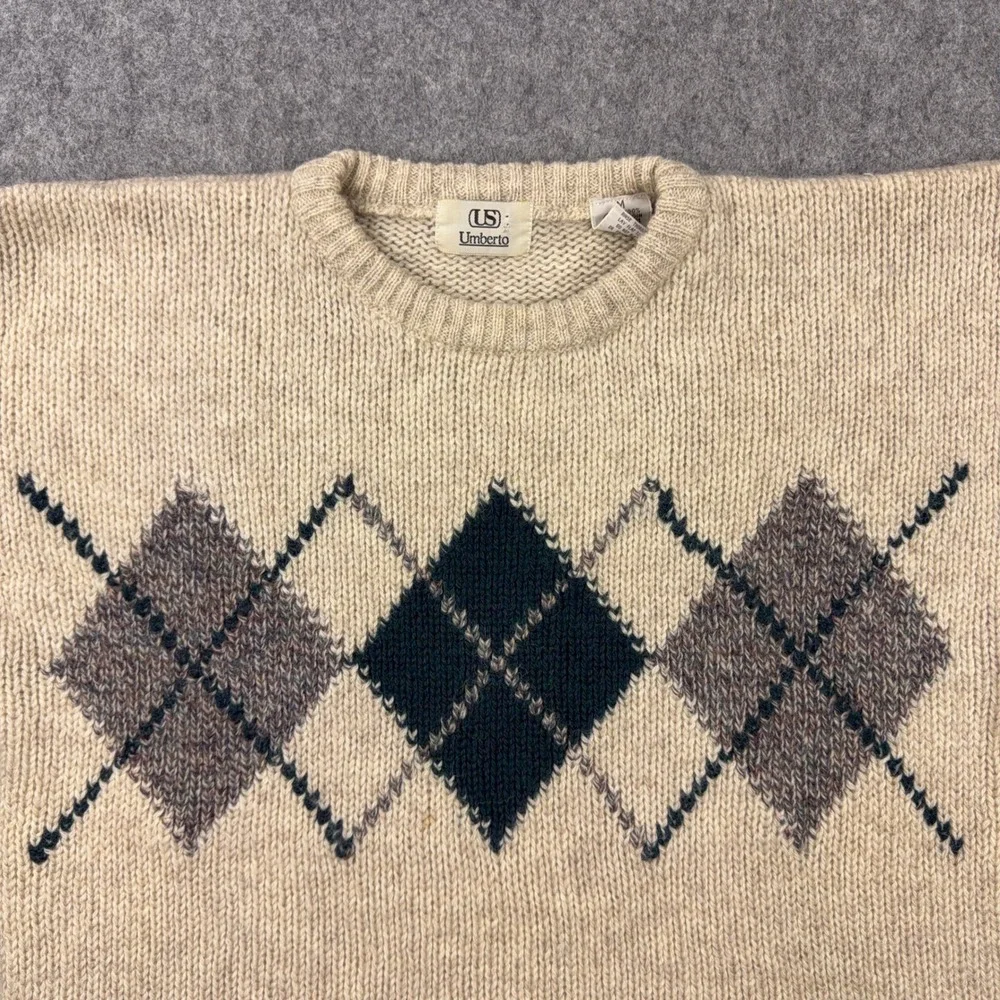 VTG Umberto Sweater Men Medium Tan Argyle 100% Virgin Shetland Wool Crewneck 90s